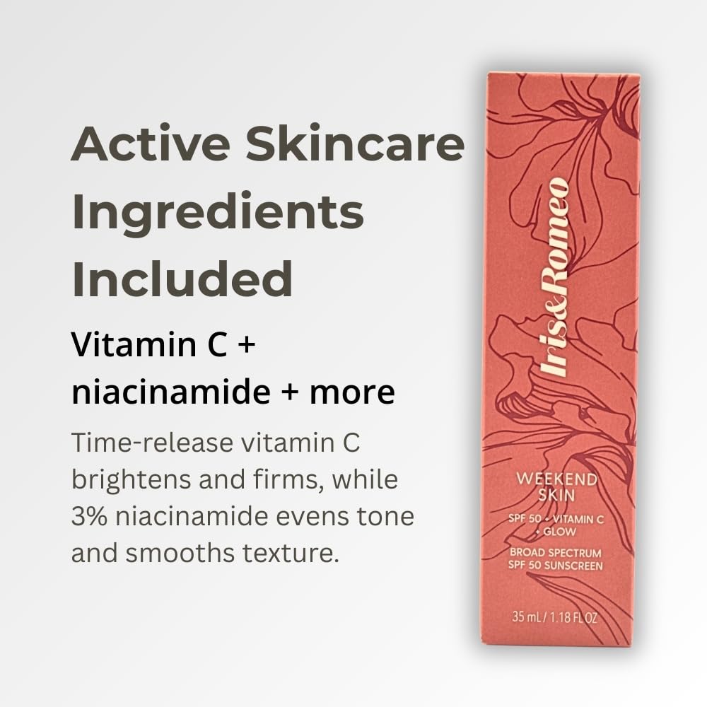 No white cast on skin with IRIS&ROMEO Weekend Skin SPF 50 for natural glow.