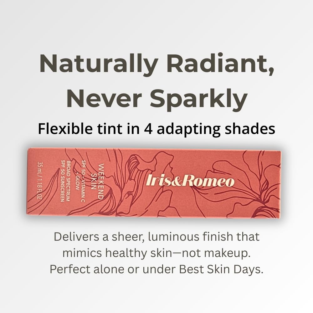 Outer packaging of IRIS&ROMEO Weekend Skin SPF 50 highlighting brand and formula.