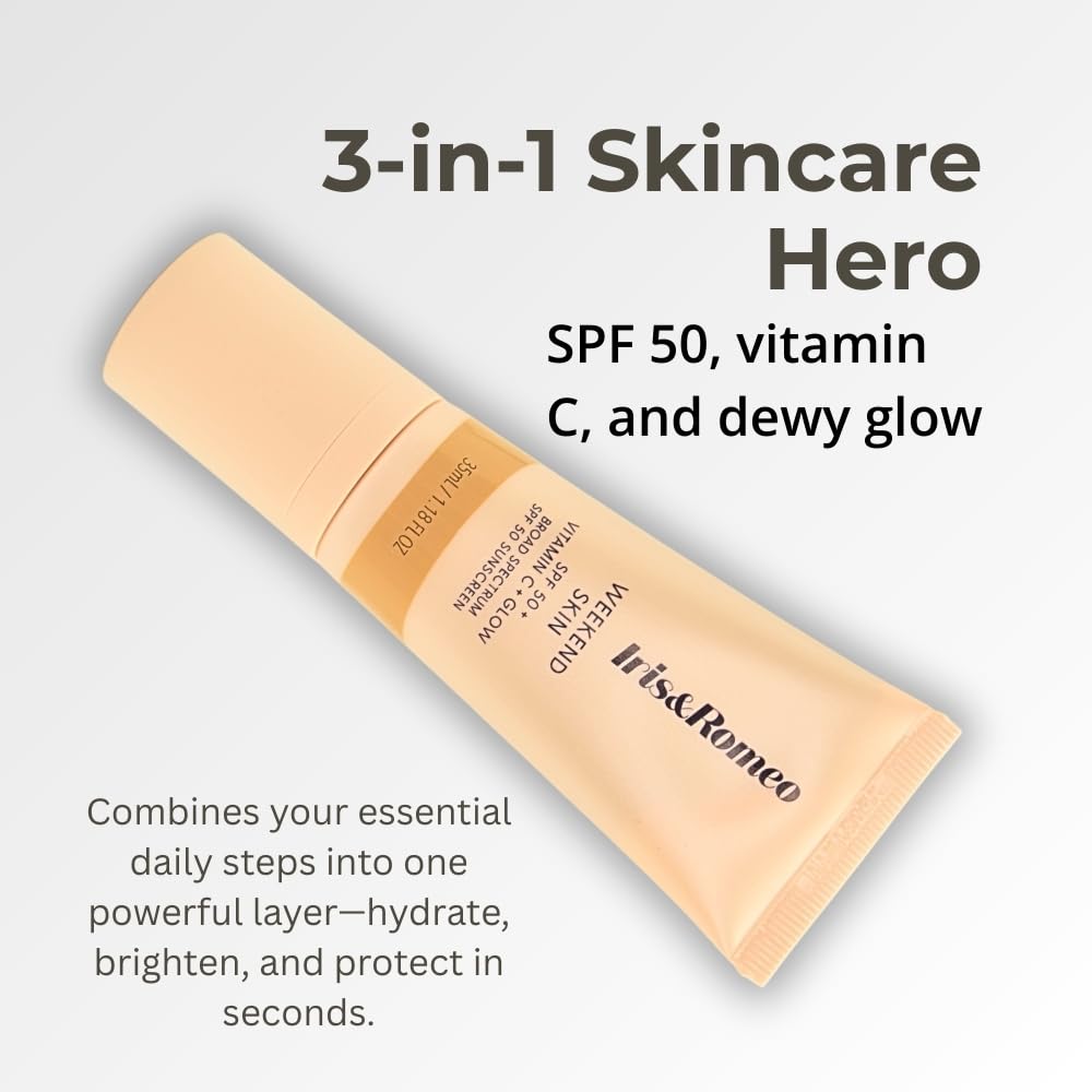 IRIS&ROMEO Weekend Skin SPF 50 swatch on skin reveals natural, sheer glow.