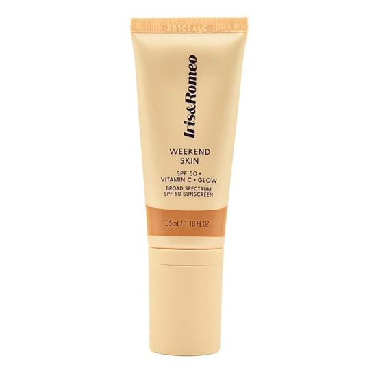 IRIS&ROMEO Weekend Skin SPF 50 bottle with a warm glow finish for daily protection.