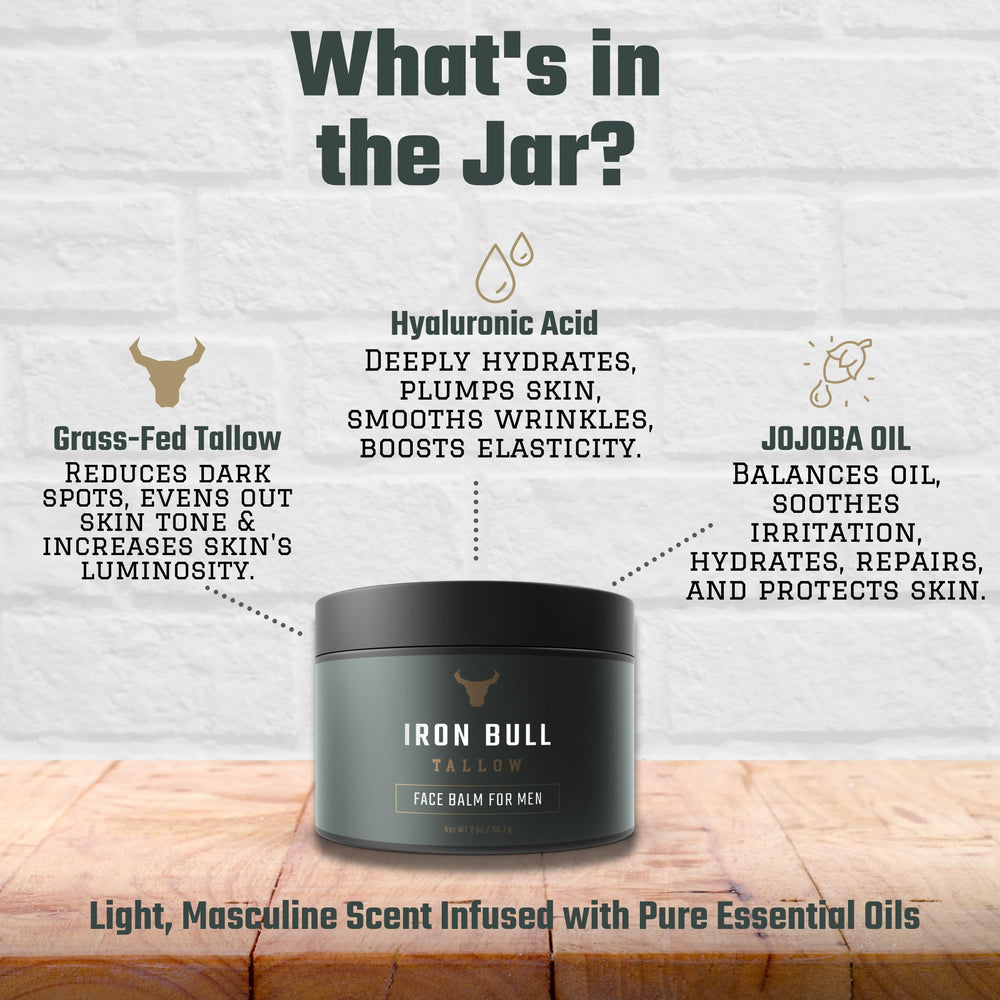 Iron Bull Tallow bottle label highlights hyaluronic acid for hydration.