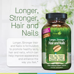 Irwin Naturals Longer, Stronger Hair and Nails bottle on shelf conveys trusted daily support