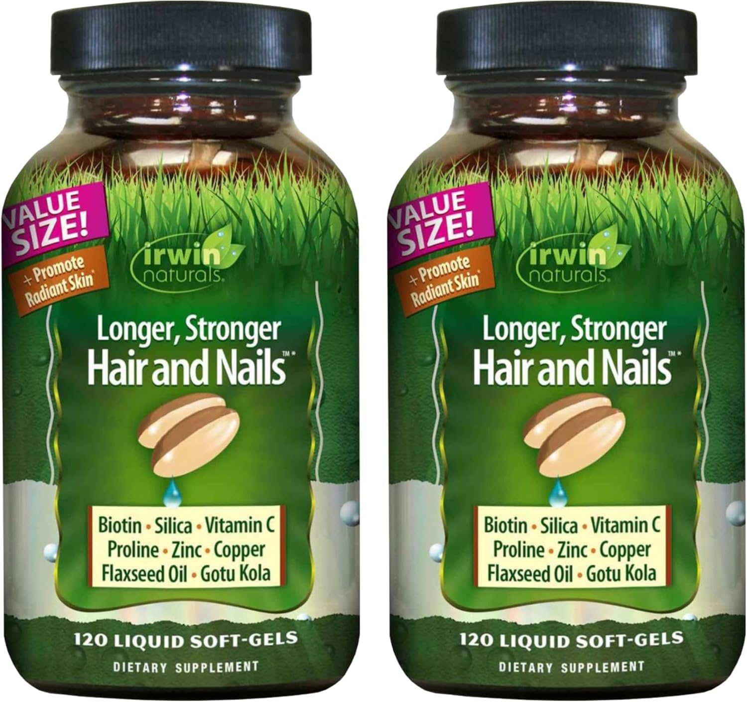 Irwin Naturals Longer, Stronger Hair and Nails bottle top view suggests a beauty booster for hair and nails