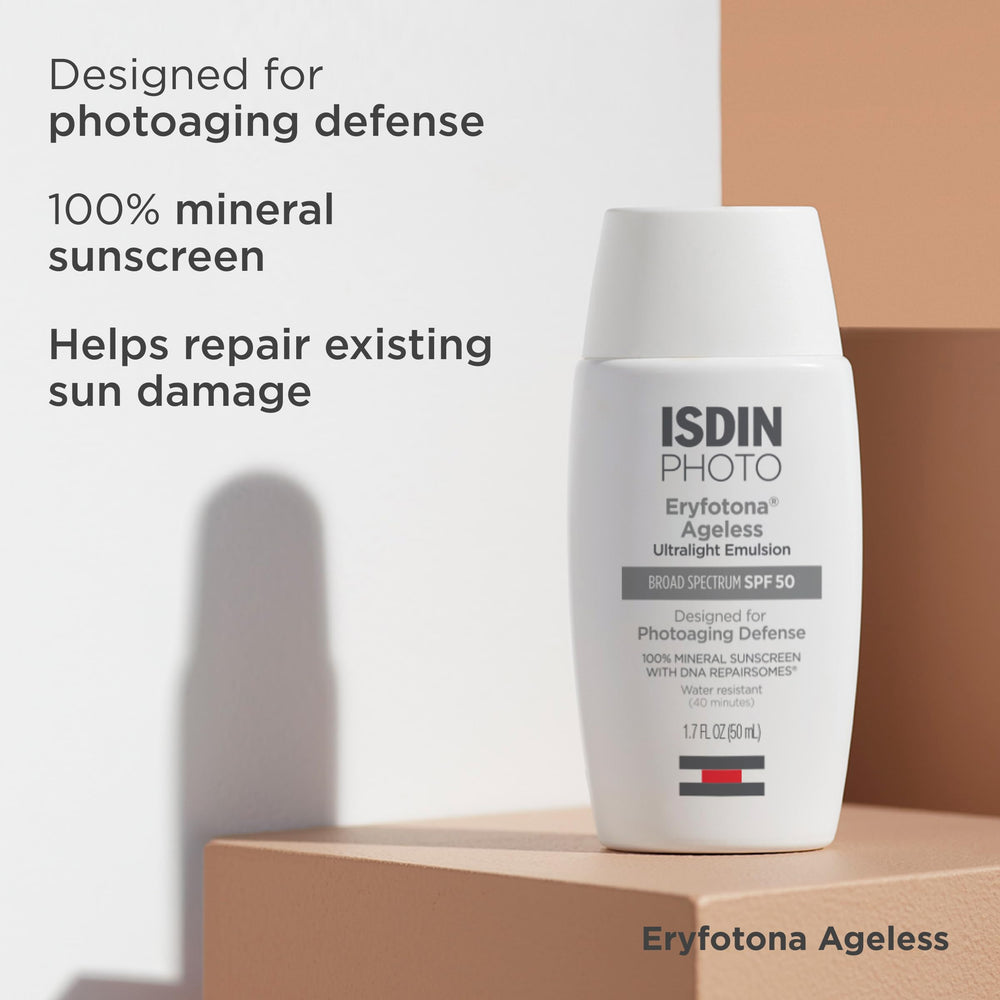 ISDIN Eryfotona Ageless cream texture highlighting peptide complex and DNA Repairsomes.