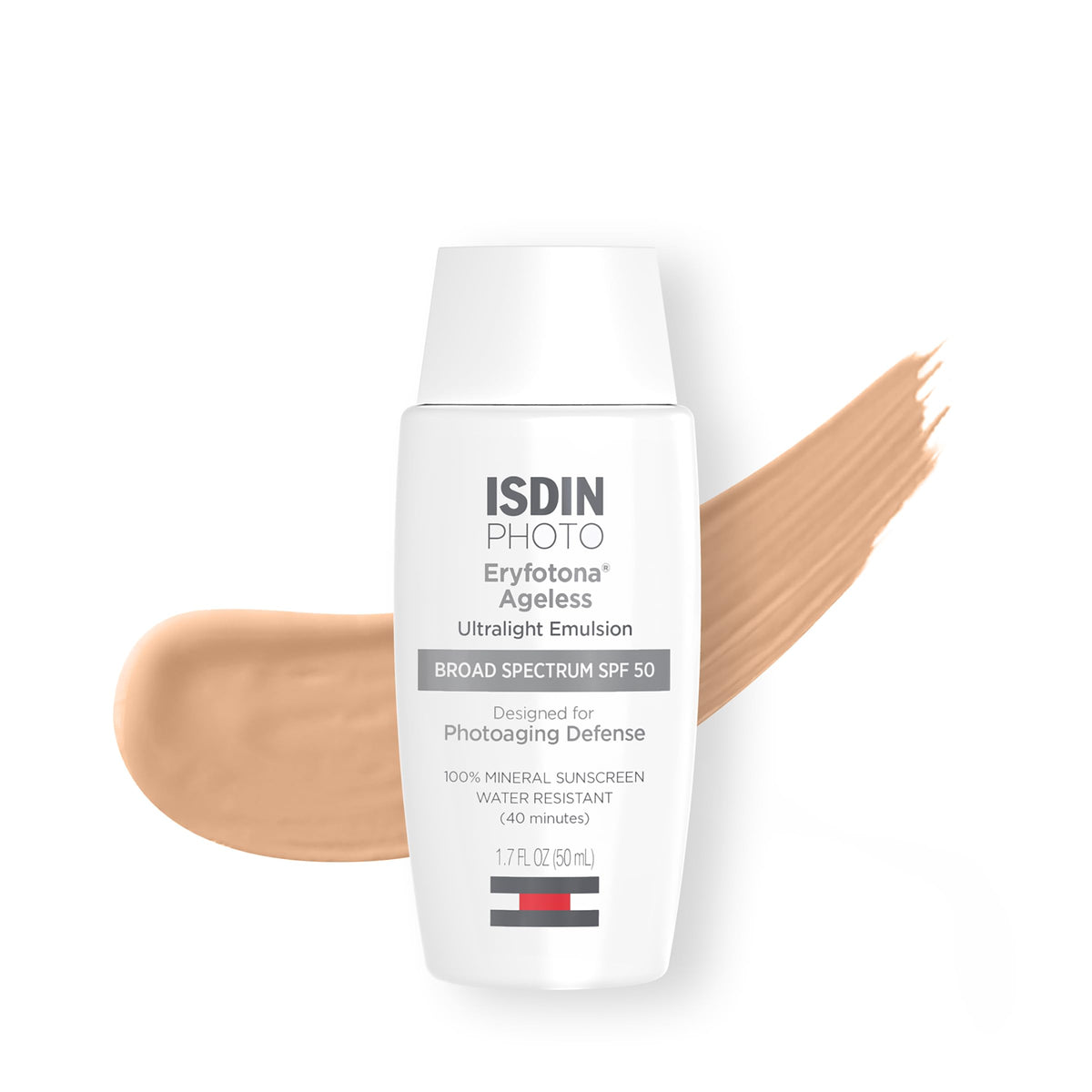 ISDIN Eryfotona Ageless tinted sunscreen packaging shows a travel-size tube for on-the-go protection.