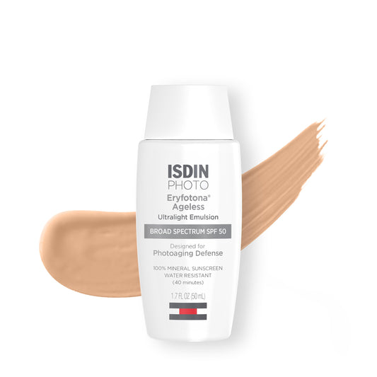 ISDIN Eryfotona Ageless tinted sunscreen packaging shows a travel-size tube for on-the-go protection.