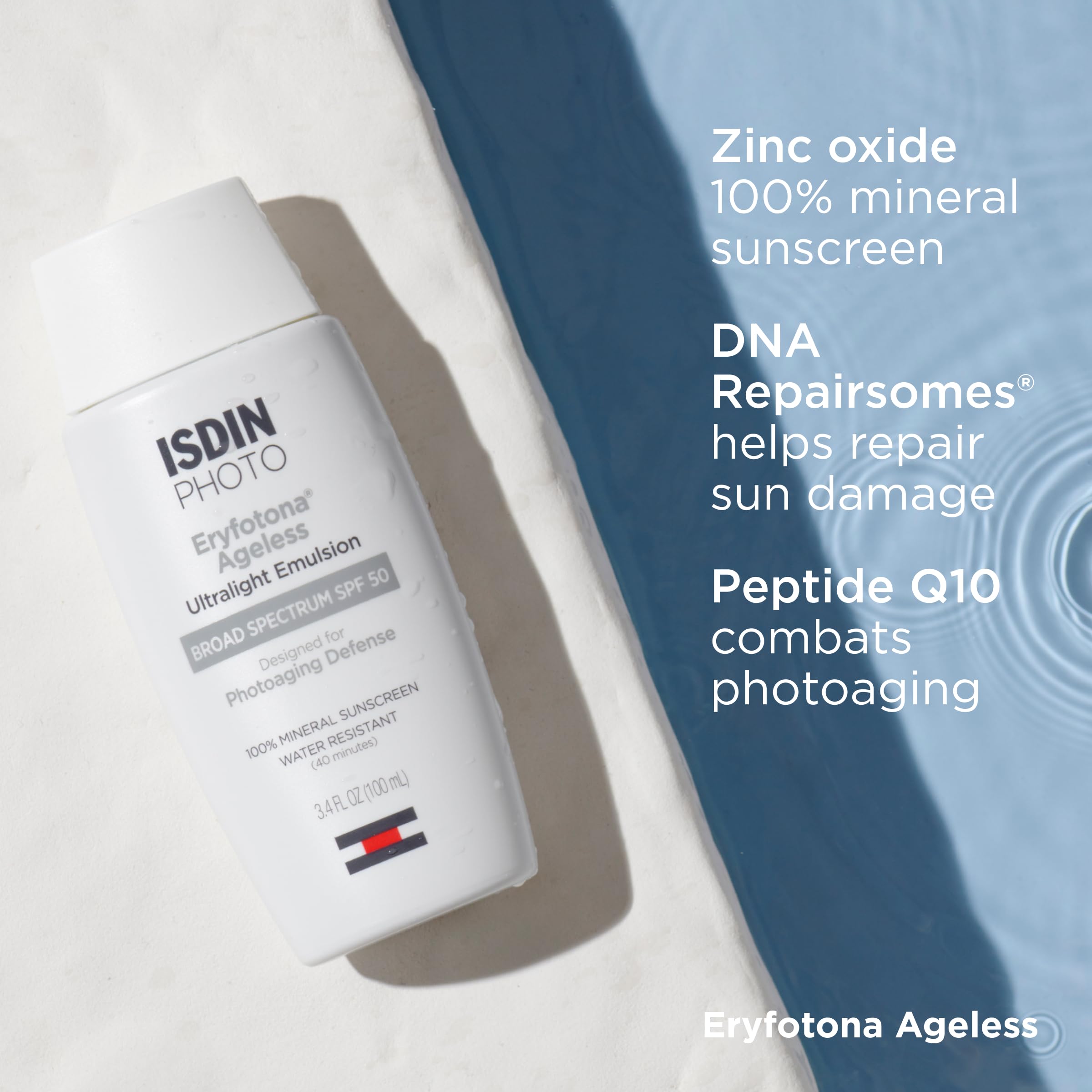 ISDIN Eryfotona Ageless cap and label showing water resistance