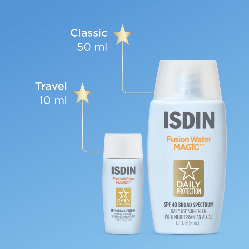 ISDIN Fusion Water MAGIC 10ml bottle for on-the-go sun protection throughout the day