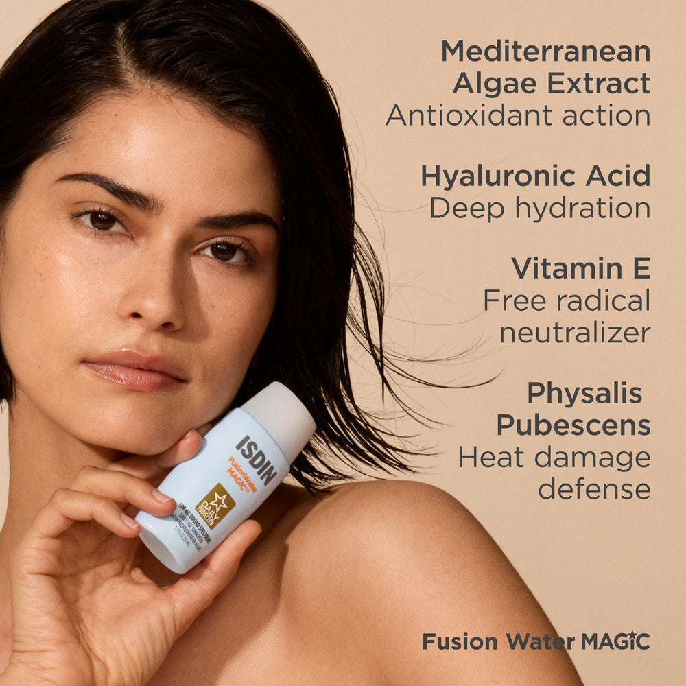ISDIN Fusion Water MAGIC dermatologist-tested eye-friendly sunscreen in a compact bottle.