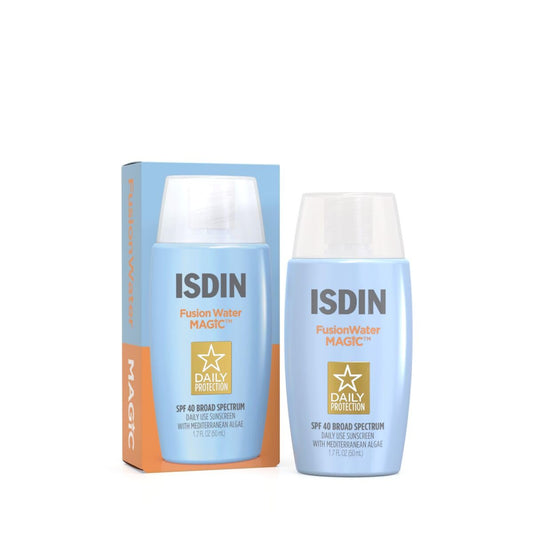 ISDIN Fusion Water MAGIC bottle close-up showing ultralight, non-greasy finish.