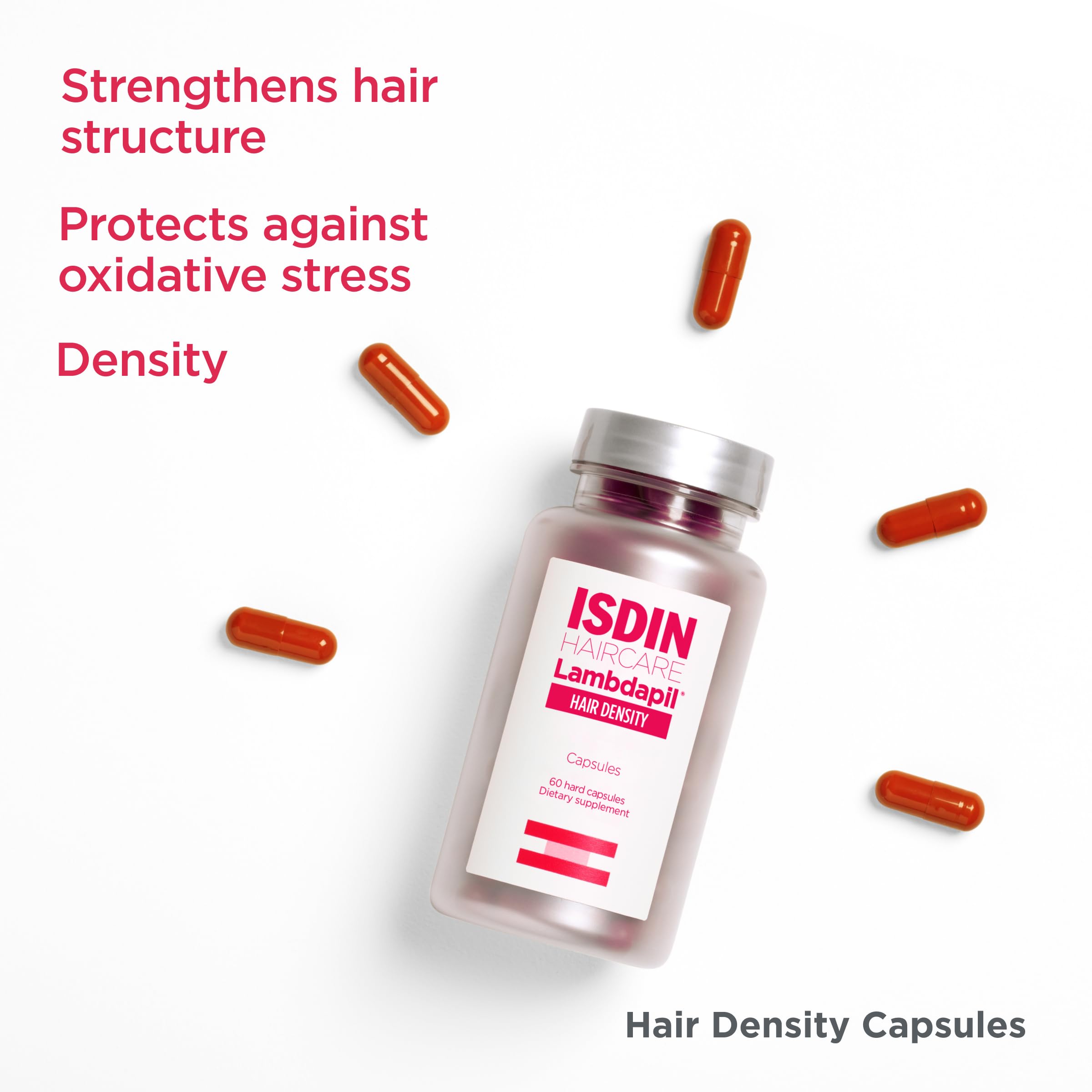 ISDIN Lambdapil bottle with glass illustrating easy daily routine for hair vitality