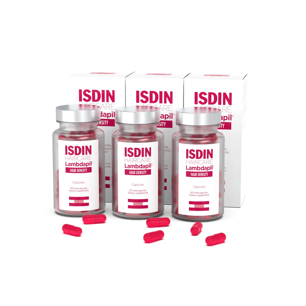 ISDIN Lambdapil capsules bottle front showing daily hair density support