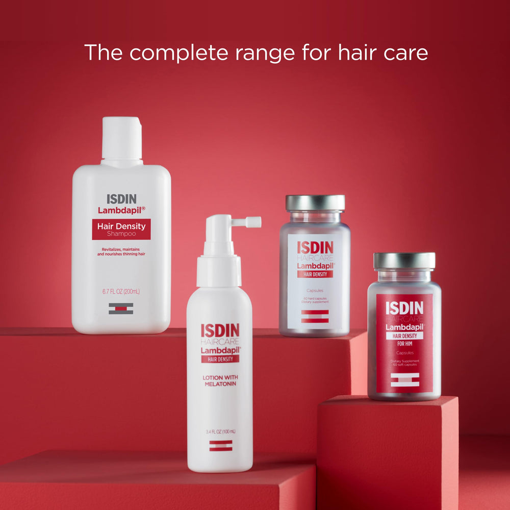 ISDIN Lambdapil packaging box on shelf emphasizes Spain-developed skincare