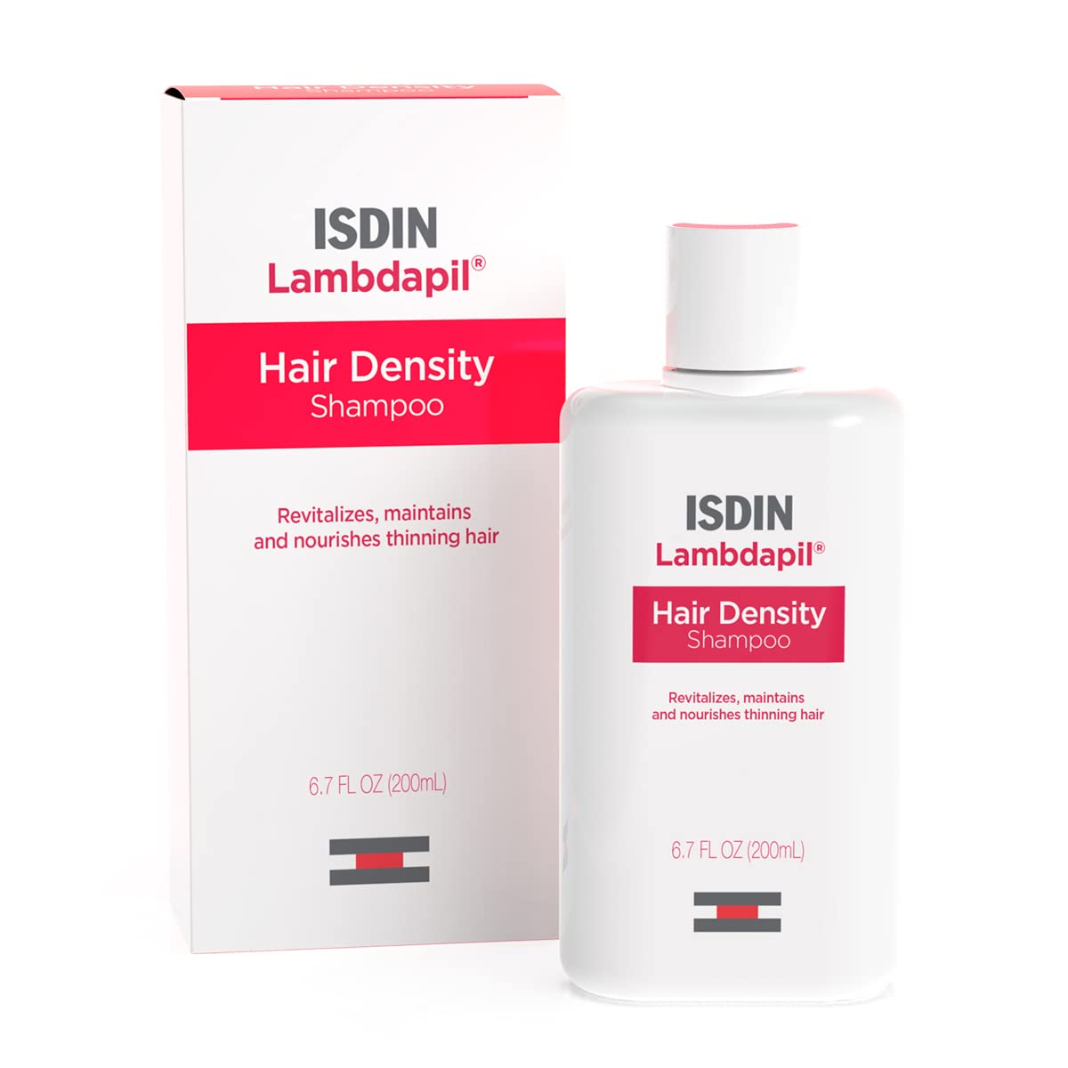 ISDIN Lambdapil shampoo bottle for daily volume boost.