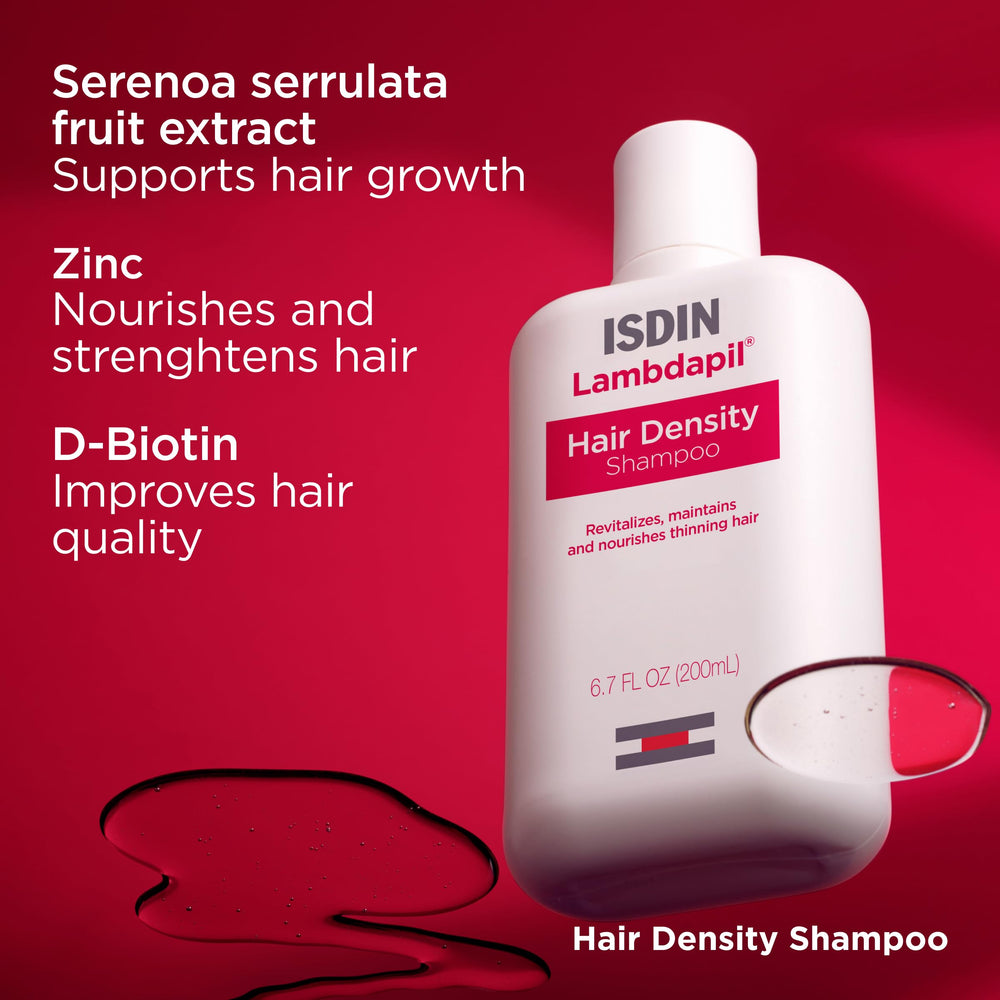 ISDIN Lambdapil shampoo ingredients panel emphasizes zinc, biotin, and B vitamins.