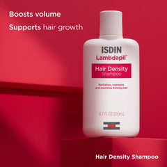 ISDIN Lambdapil shampoo pump demonstrates easy, controlled dispensing.