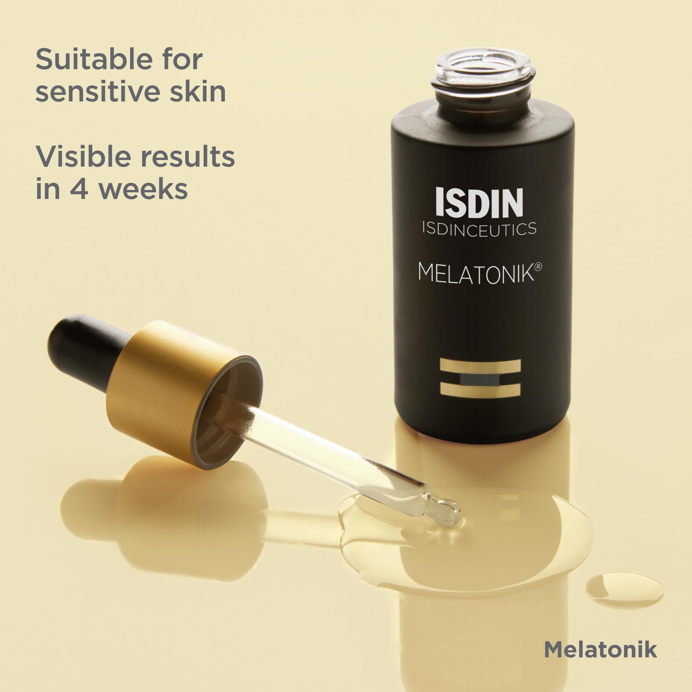 Dropping Melatonik serum onto skin demonstrates controlled, soothing nighttime use.