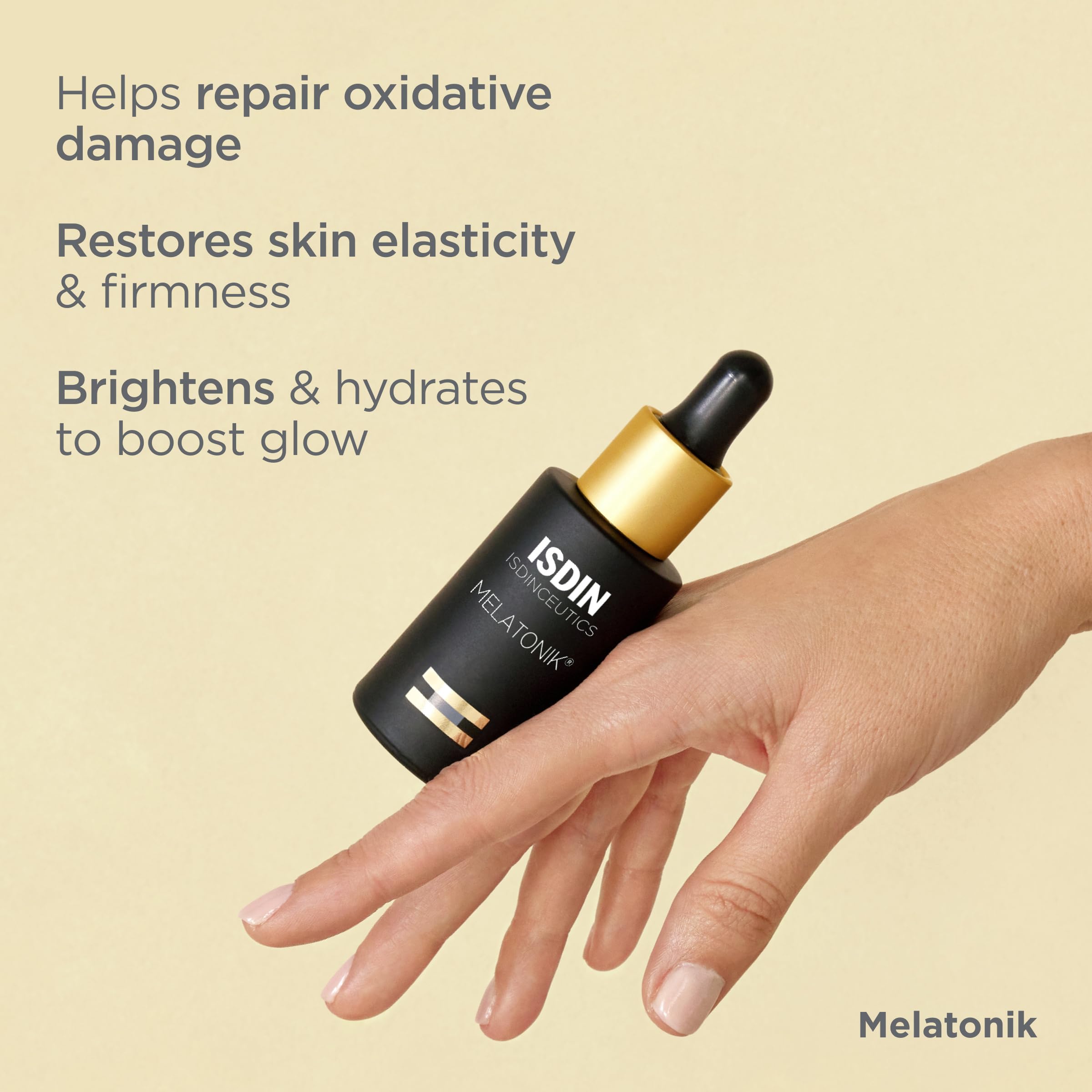 ISDIN Melatonik bottle with dropper ready for precise nightly application.