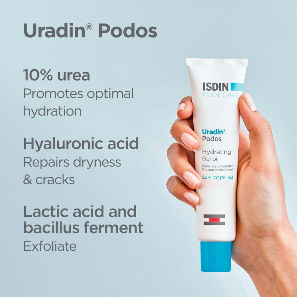 ISDIN Uradin Podos Gel Oil action illustrates gentle exfoliation on rough skin.