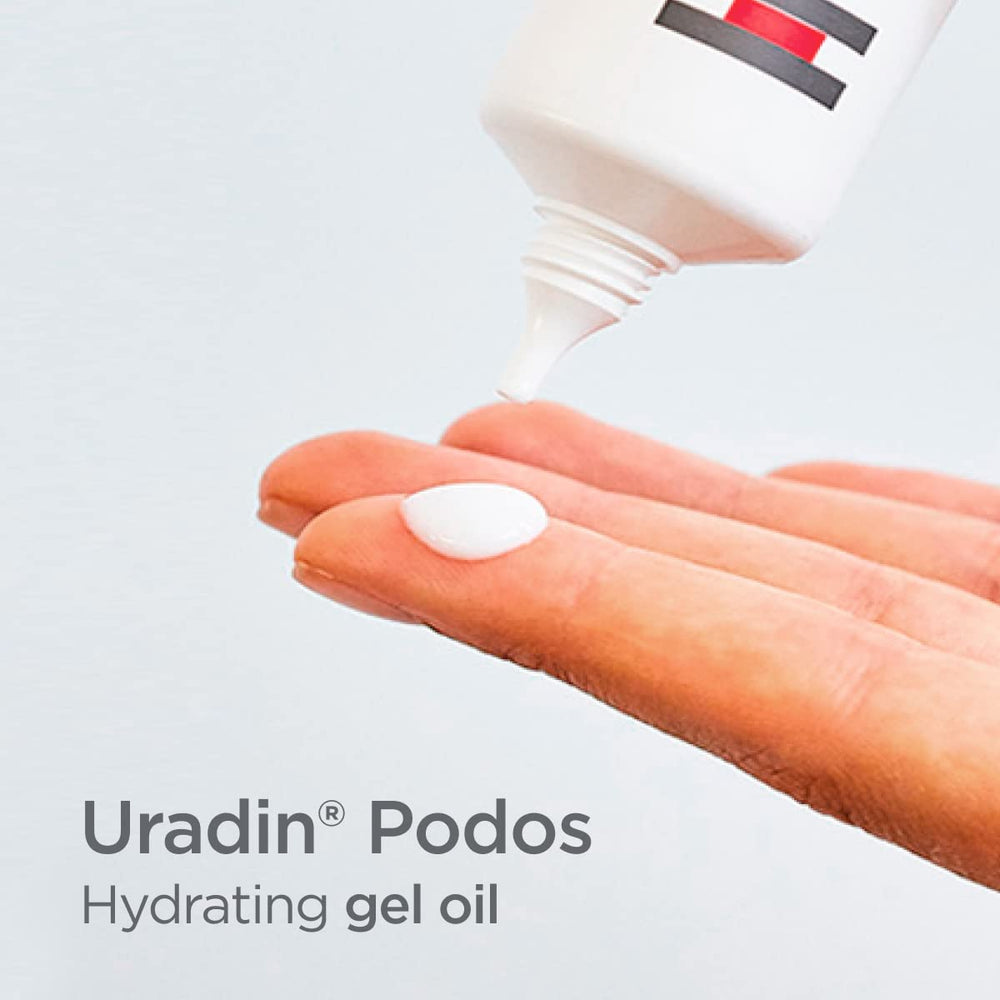 ISDIN Uradin Podos Gel Oil close-up texture highlights hydration potential.