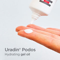 ISDIN Uradin Podos Gel Oil close-up texture highlights hydration potential.