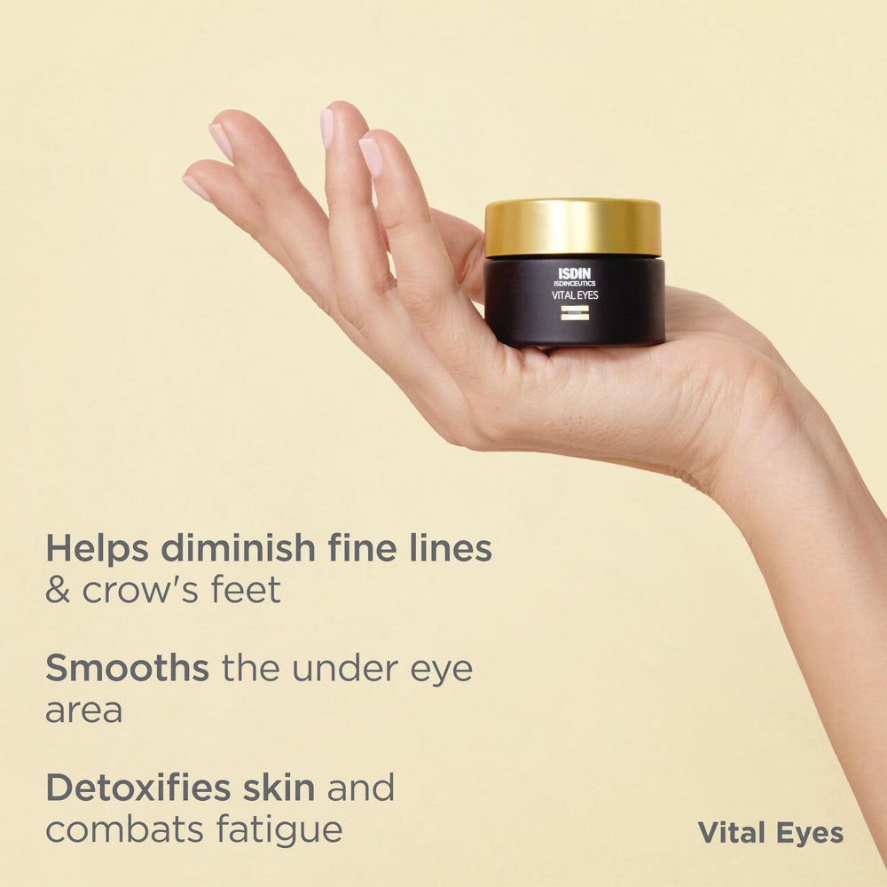ISDIN Vital Eyes texture close-up shows a rich, creamy formula for overnight care