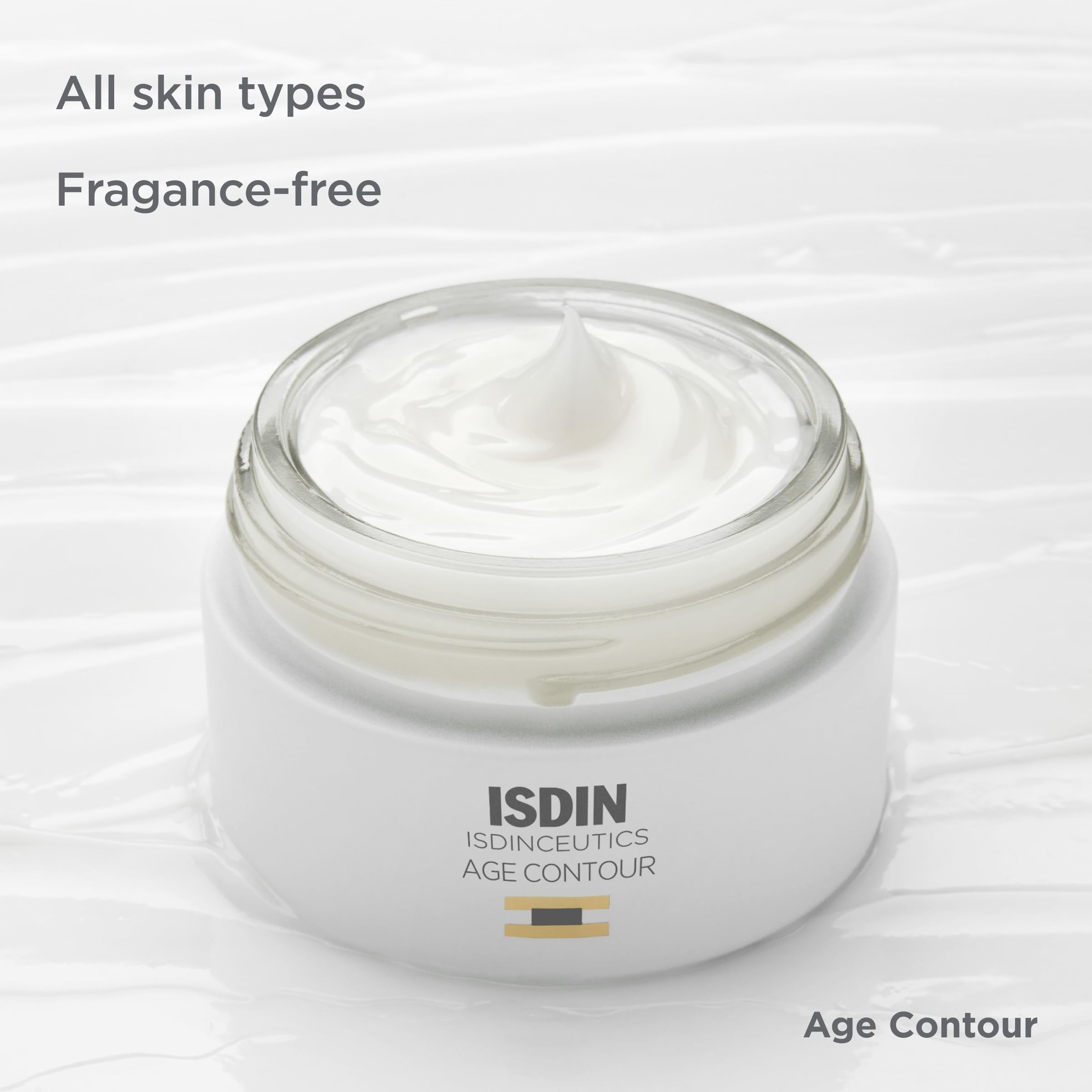 Massage on the cheek shows a gentle, firming touch with Isdinceutics Age Contour.