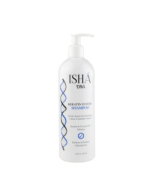 ISHA DNA Keratin System Shampoo bottle shown for all hair types and moisture care