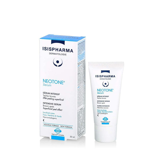 IsisPharma Neotone Serum bottle closeup highlights sleek packaging for radiant skin.