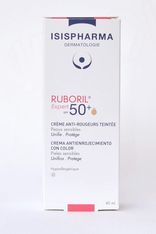 IsisPharma Ruboril Expert SPF 50 40ml cream swatch shows matte finish and soothing relief
