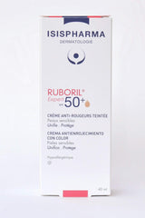 IsisPharma Ruboril Expert SPF 50 40ml cream swatch shows matte finish and soothing relief
