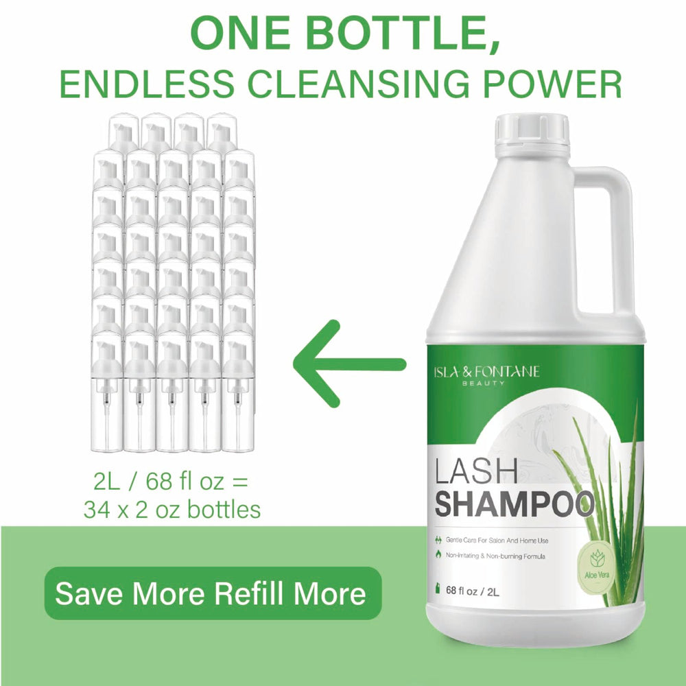 Isla & Fontane lash shampoo bottle pour for easy refills.