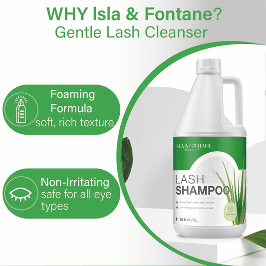 Closeup of foam dispenser on Isla & Fontane lash shampoo.