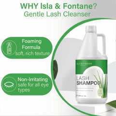 Closeup of foam dispenser on Isla & Fontane lash shampoo.