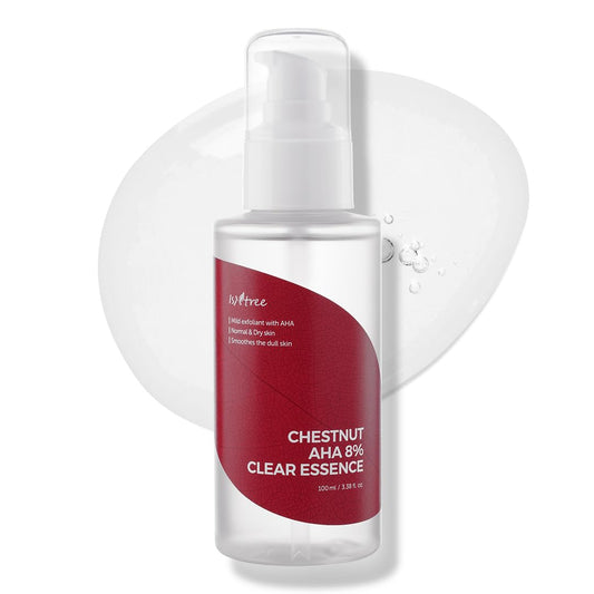 ISNTTREE Chestnut AHA 8% Clear Essence bottle highlighting pore-refining benefits.