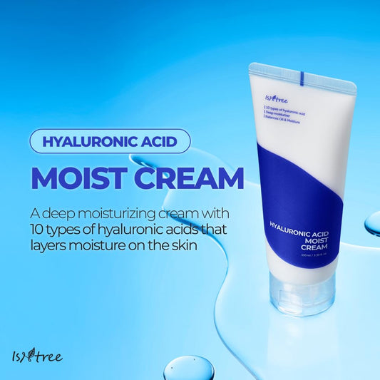 ISNTREE Hyaluronic Acid Moist Cream texture-closeup highlights smooth, non-greasy finish.