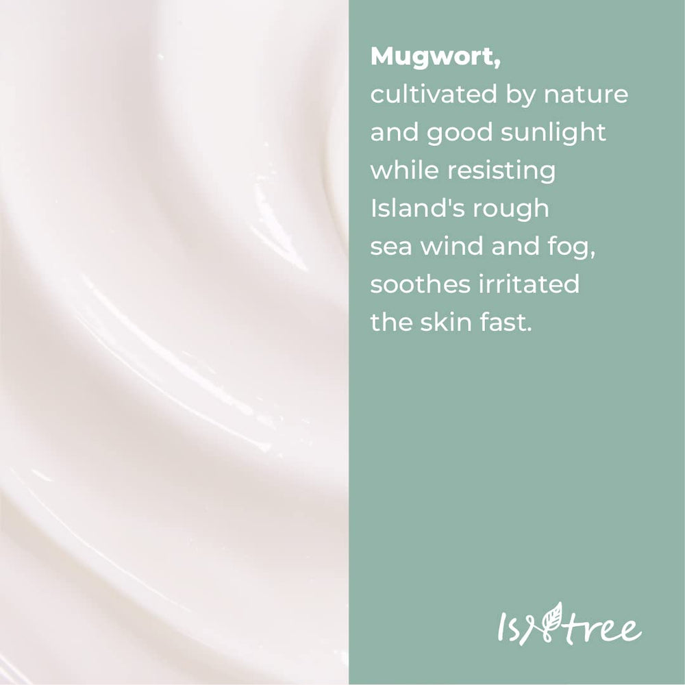 ISNTREE Mugwort calming cream application on skin demonstrates gentle soothing.