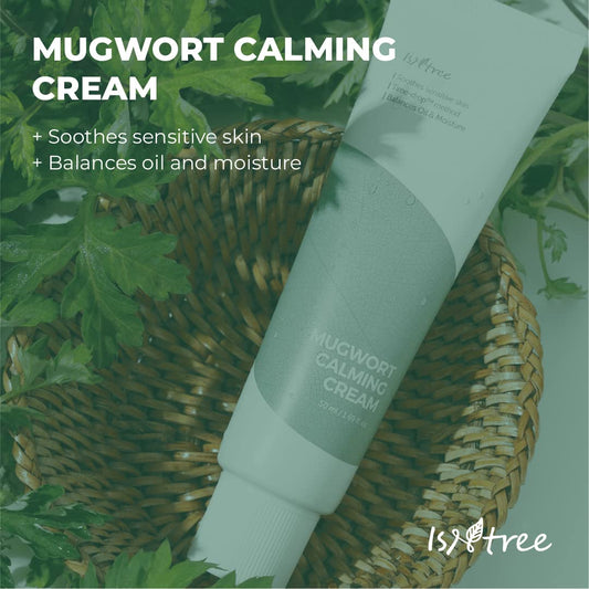ISNTREE Mugwort calming cream texture swatch highlights fast-absorbing finish.