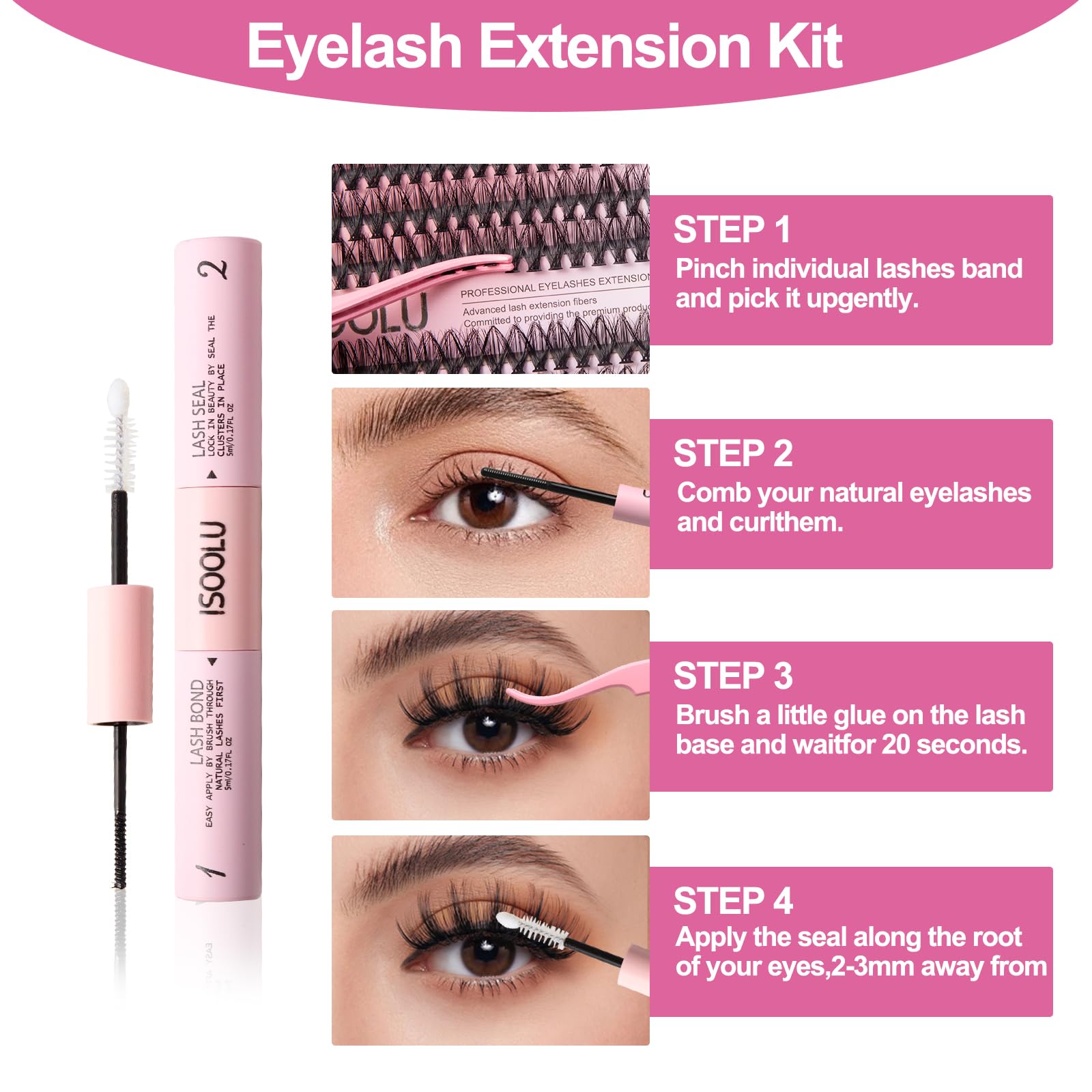 ISOOLU 50D 9-16mm clusters for dramatic, customizable lash styles.
