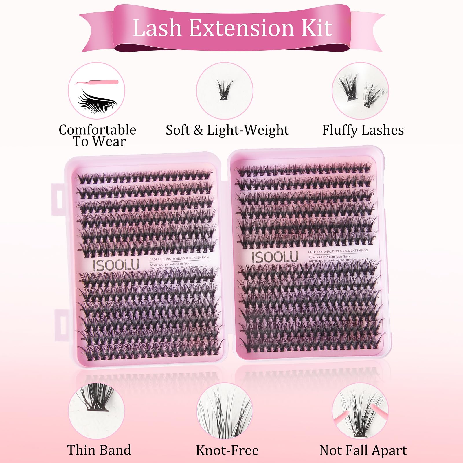 Close-up of ISOOLU lash clusters showing premium bundles for natural to dramatic styles