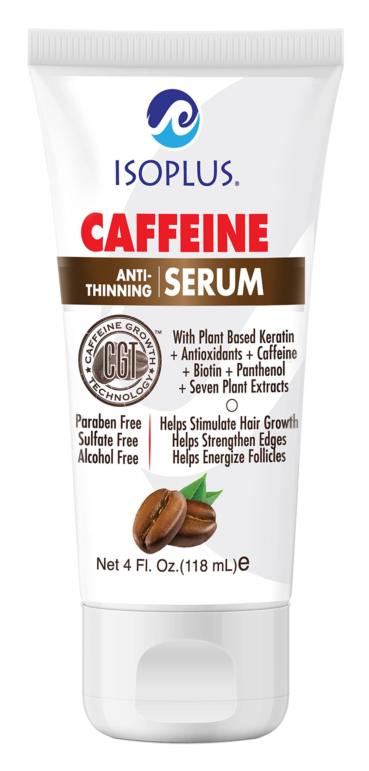 Isoplus Caffeine Anti-Thinning Serum bottle showing scalp nourishment and reduced shedding benefits
