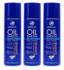 Isoplus Oil Sheen Hairspray label closeup highlighting branding.