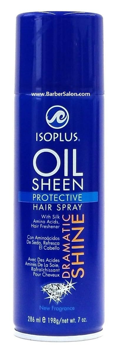 Isoplus Oil Sheen Hairspray mist application for smooth styling.