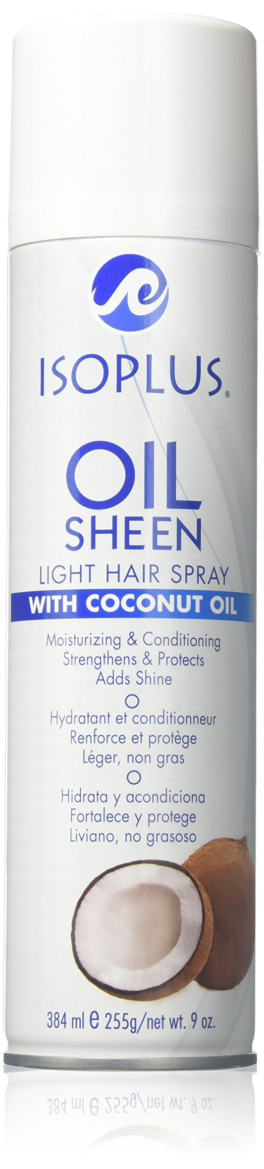 Isoplus Oil Sheen Light Spray Coconut Oil 9oz bottle for lightweight hydration and shine.