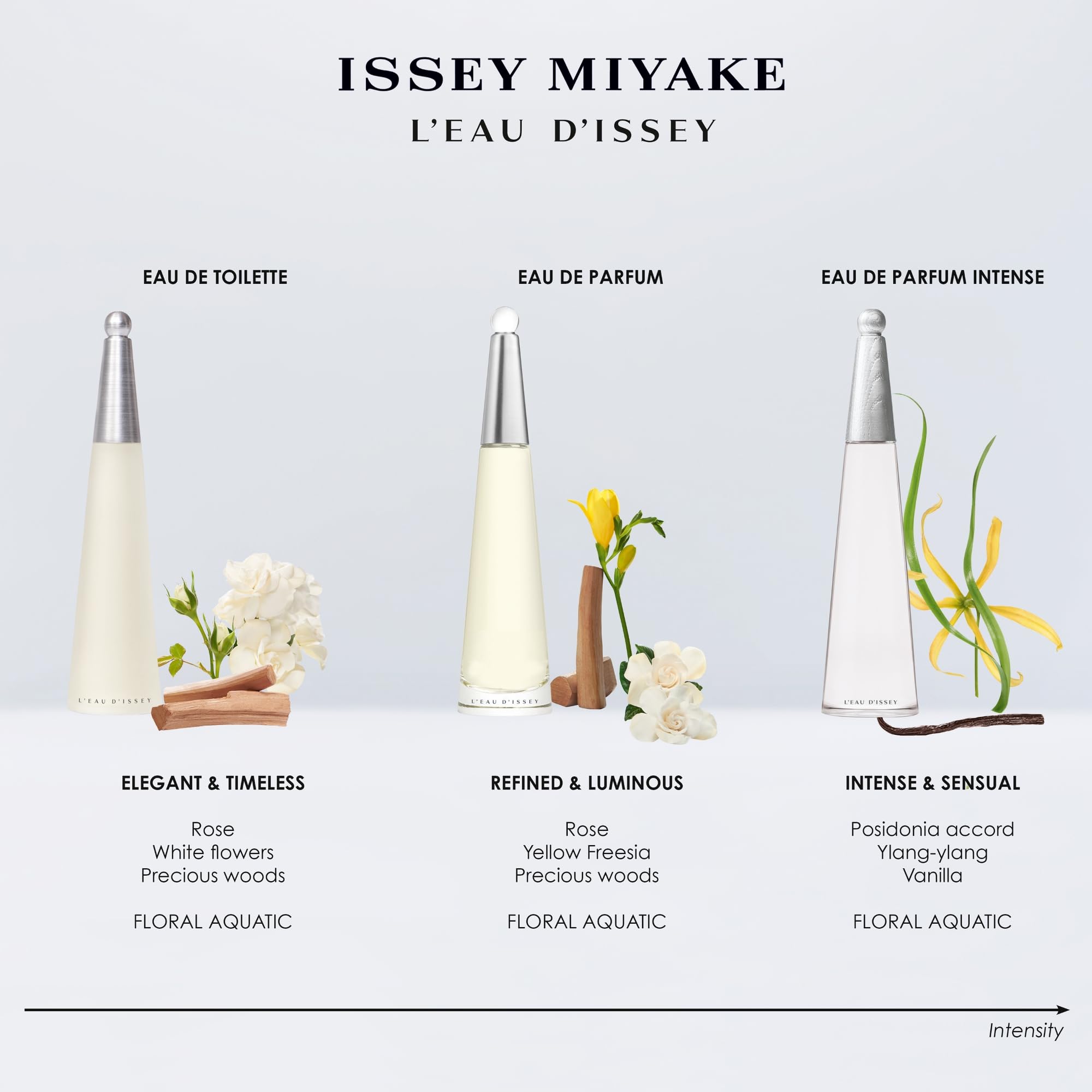 Rose, lotus, woods accents image signal layered fragrance for day-long presence.