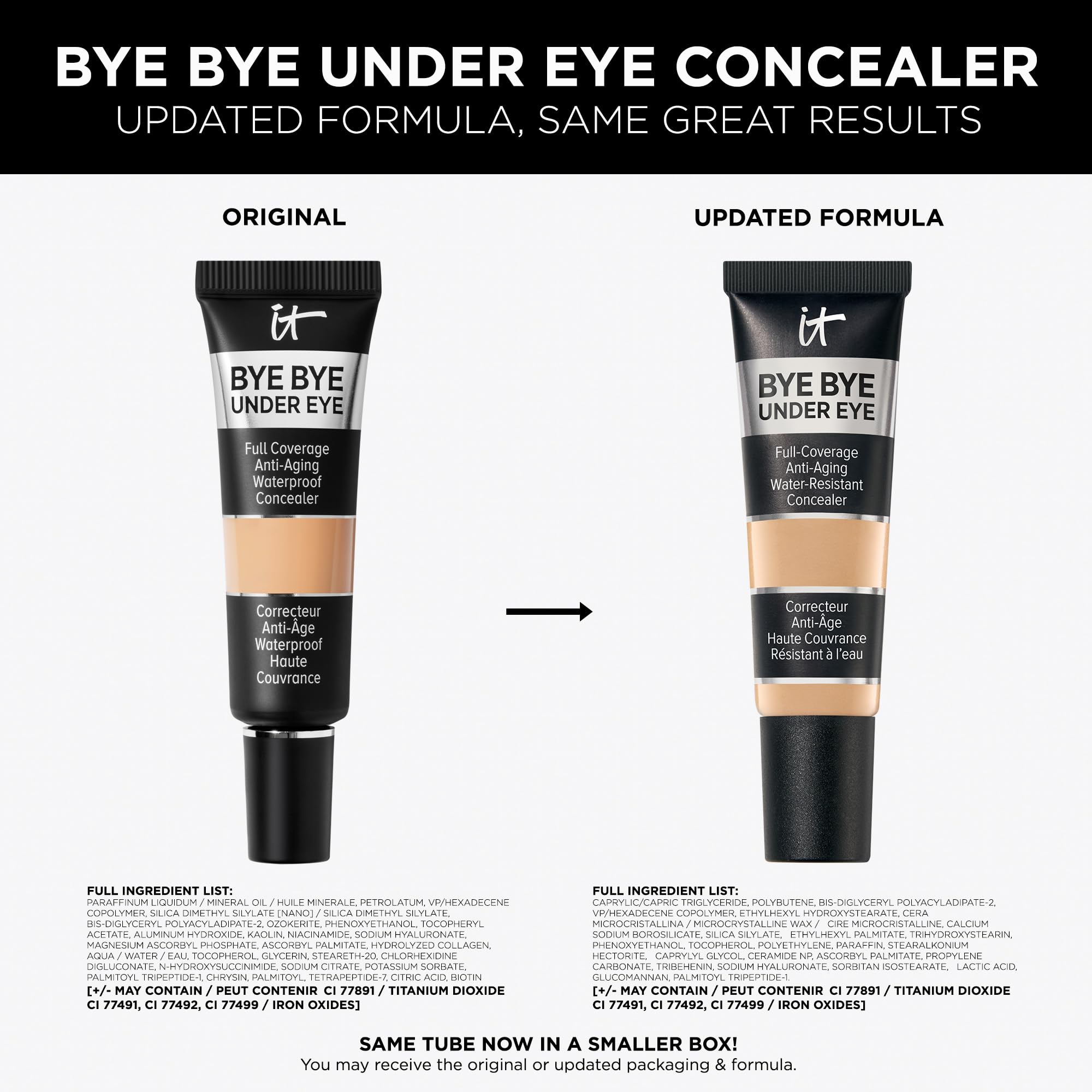 Close-up on ingredients like ceramides and peptides in IT Cosmetics concealer.