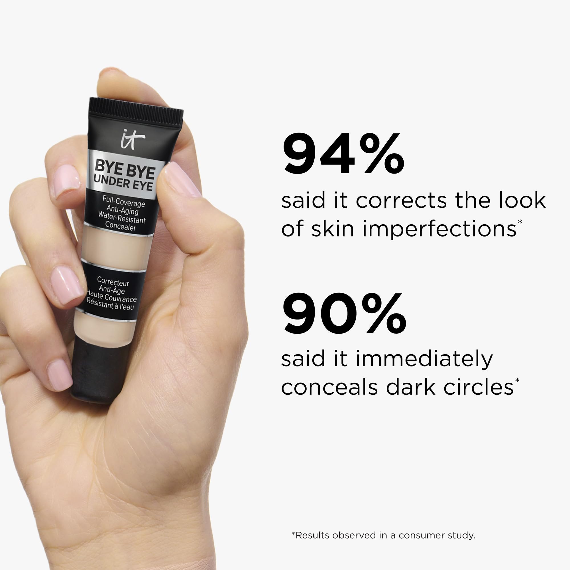 IT Cosmetics Bye Bye Under Eye Concealer Travel features ceramides, peptides, and hyaluronic acid for skin-friendly makeup