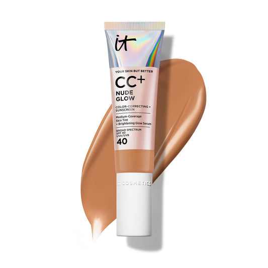 IT Cosmetics CC+ Nude Glow bottle shows lightweight medium coverage with brightening SPF 40