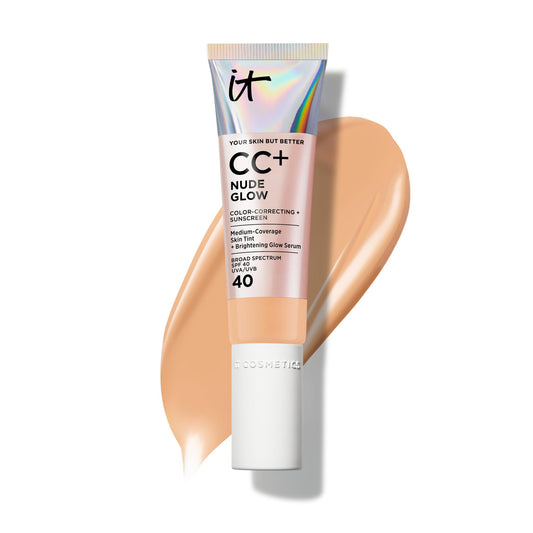 IT Cosmetics CC+ Nude Glow medium tan bottle with lightweight, brightening finish.