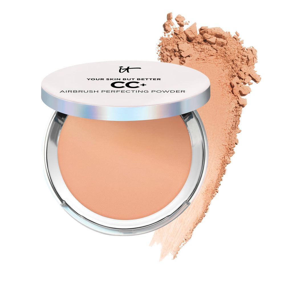 IT Cosmetics CC+ Airbrush Powder packaging highlights talc-free finish for a smooth look.